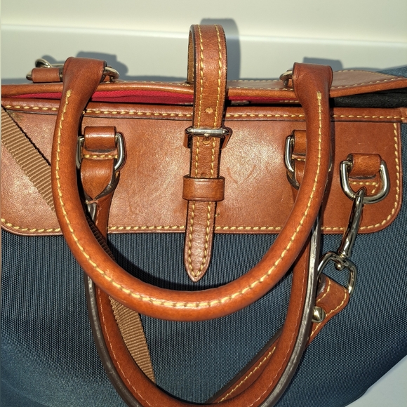 Brown LEATHER and Navy Canvass Men's Messenger Bag - Picture 3 of 16